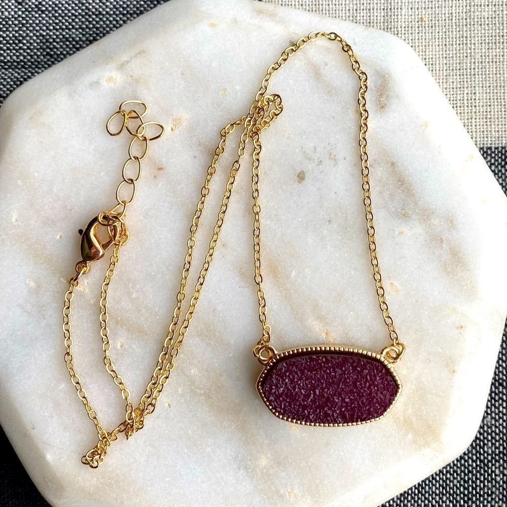 Druzy Gold Necklace Oval Plum Purple Stone Jewelry Women Statement Accessory NEW